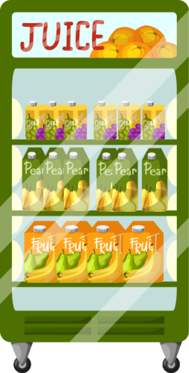 Refrigerator and racks with food vector illustration. Fridges and shelves with fruit drinks in cardboard boxes, mall or market. Food, grocery shopping concept